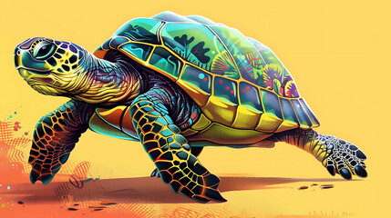 Poster - Colorful illustration of a sea turtle walking on a yellow sandy beach.