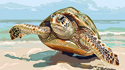 Wall Mural - A large sea turtle with a brown shell on a sandy beach with ocean waves in the background.