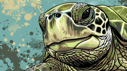 Wall Mural - Close-up portrait of a green sea turtle, with a colorful abstract background.