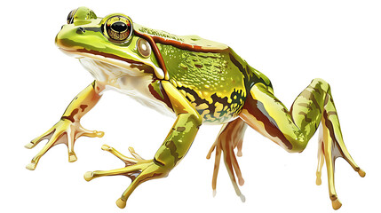 A detailed illustration of a green frog on a white background.