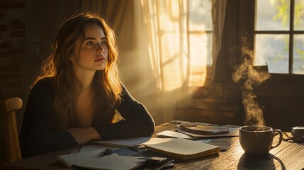 Wall Mural - Thoughtful Woman in Sunlit Room with Coffee and Papers