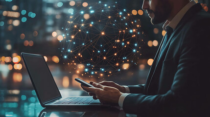 Wall Mural - Businessman using his smartphone with glowing network connections in the background.