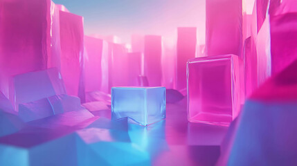 Poster - 3D rendered abstract scene of glowing pink and blue cubes in a futuristic city.