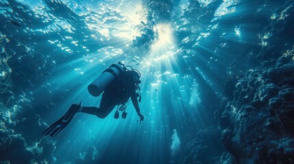 Life-giving sunlight filters through the water, casting radiant beams that illuminate the underwater world. A scuba diver's silhouette floats in the blue depths