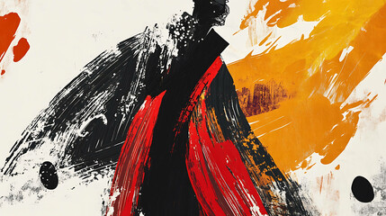 Poster - An abstract painting with bold strokes of black, red, and orange on a white background.