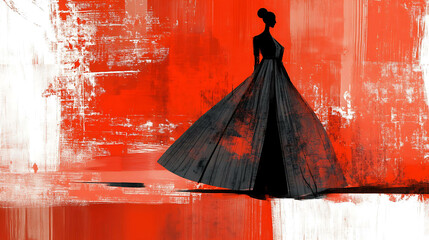 Sticker - Silhouette of a woman in a long dress on an abstract red background.