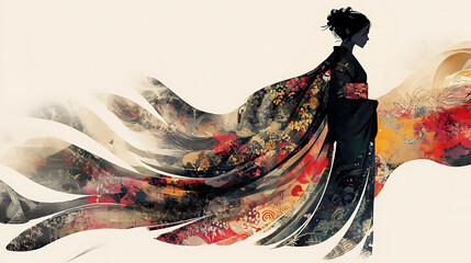 Wall Mural - Abstract silhouette of a woman in a flowing kimono, colorful design.