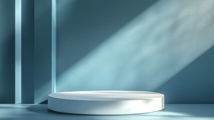 Poster - Minimalist round stage with soft natural light in a serene blue room, perfect for presentations or performances