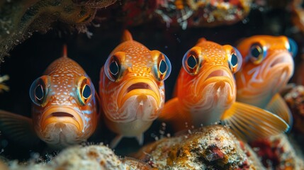  shoal of red Blotcheye soldier fish (Myripristis murdjan) nestled under a reef. Their vibrant red color and curious nature,  underwater scene the beauty of marine life