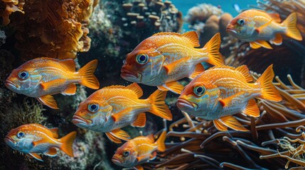  shoal of red Blotcheye soldier fish (Myripristis murdjan) nestled under a reef. Their vibrant red color and curious nature,  underwater scene the beauty of marine life