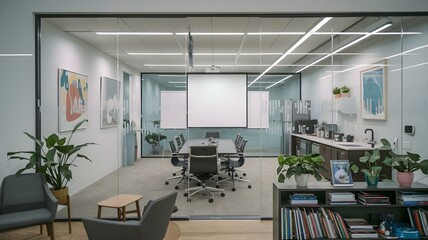 Modern Conference Room Design Featuring Glass Walls and Greenery: A Bright, Collaborative Workspace for Creative Meetings