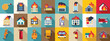 © anatolir - Burning building icons set. Fire in building icon set, flat style, with firemen, fire trucks, fire extinguisher, hydrant and different types of burning houses