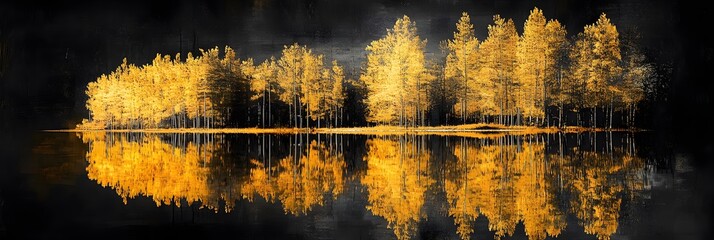 Canvas Print - Golden trees reflected in lake on black sky background. Modern canvas art with golden yellow forest