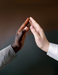 Two hands of different skin tones gently touch, symbolizing unity, diversity, and human connection against a dark background.