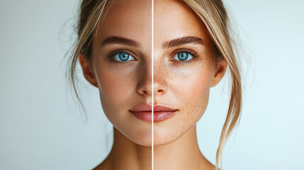 The two faces are of a woman with blue eyes. One face has a tan complexion and the other has a pale complexion