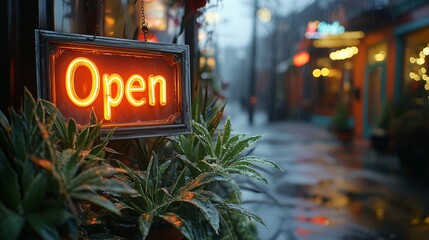 A glowing neon “Open” sign illuminates the entrance of a cozy shop on a rainy evening. 