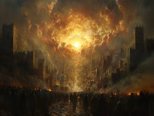 Sticker - Apocalyptic Cityscape: A Crowd Gazes Towards a Golden Sunset