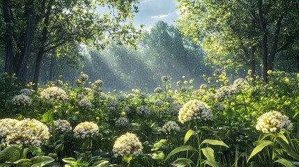 Poster - Sunlit Forest Meadow with White Flowers