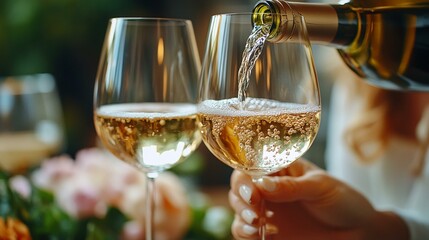 an Pouring white wine into two glasses from a bottle, capturing a moment of elegance and celebration.