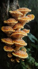 Canvas Print - Golden Mushrooms Growing on Tree Trunk in Forest