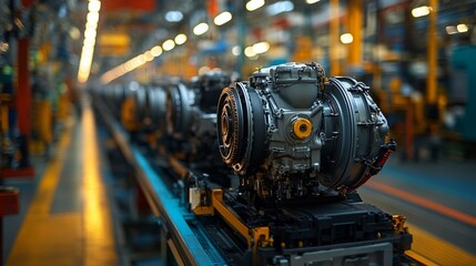 the Production assembly line in a car factory, featuring engines on the line and manufacturing processes.