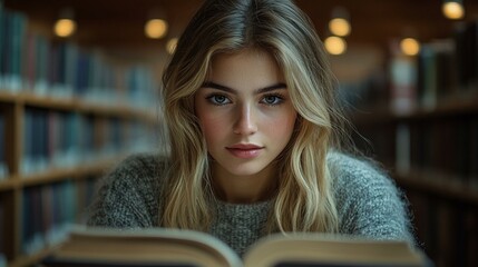 an Student searching through books in a library or study area, focused on finding information.