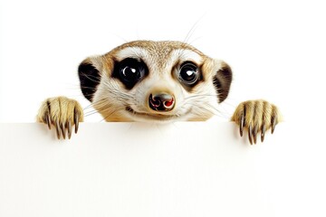 A curious meerkat peeks over an empty space, showcasing its adorable eyes and playful demeanor against a clean white background.