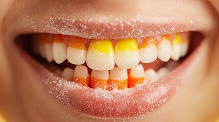 woman smiling with candy corn teeth and sugar lips halloween