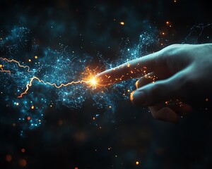 Fototapete - Futuristic concept of information transfer, human finger touching spark of electrical energy, power and connection