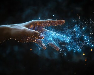 Fototapete - Futuristic concept of information transfer, human finger touching spark of electrical energy, power and connection