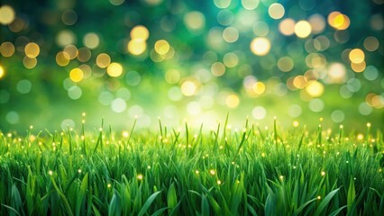 Lush green grass and blurred lights create a summer background with vibrant bokeh