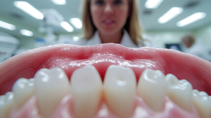 A woman is looking at her teeth in a dentist's office. The teeth are fake and the woman is wearing a white coat