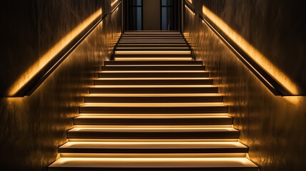 Poster - warmly lit staircase leading to an upper level in a modern building during evening hours