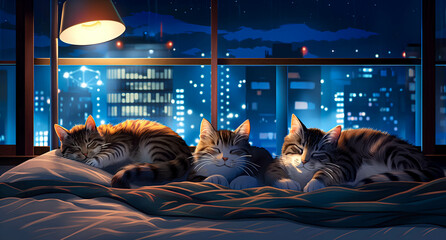 Cats sleeping sweetly on a bed under the light of a lamp, in front of an open window with the blue lights of the city outside. The concept is peaceful.