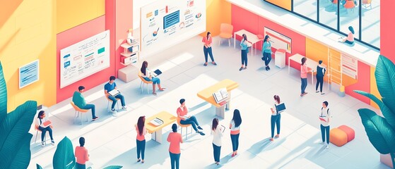 Poster - Creative illustration of an interactive learning space with modern educational tools, diverse group of learners, clean and vibrant design