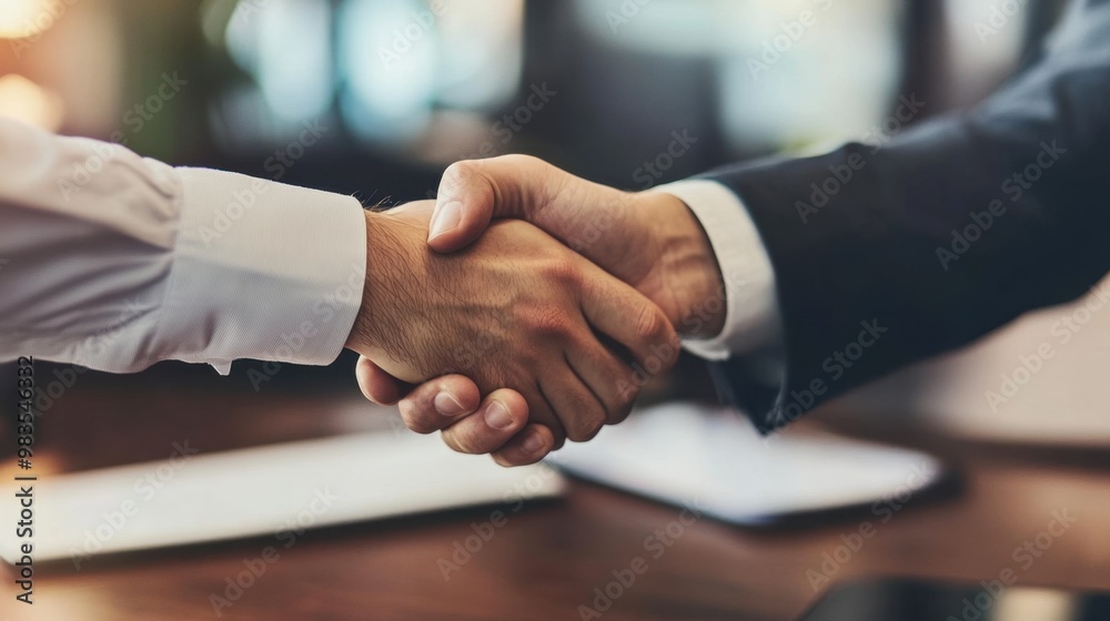A businessperson shaking hands with a client, sealing a deal with ...