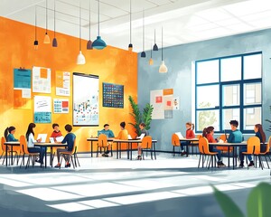 Poster - Illustration of a colorful and modern classroom with students involved in group projects, contemporary design, bright and inviting environment