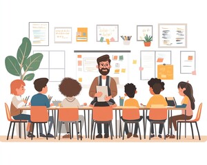 Poster - Illustration of a teacher at a desk with students working on assignments, bright and modern classroom setting, diverse group, engaging design