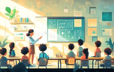 Poster - Illustration of a teacher guiding students through a math lesson, modern educational tools, bright and clean design, diverse group of learners