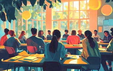 Poster - Illustration of diverse students engaged in group study, modern classroom setting, vibrant colors, interactive and dynamic design
