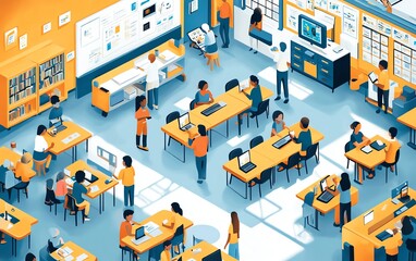 Poster - Modern depiction of interactive learning with technology and educational resources, diverse learners, bright and inviting atmosphere