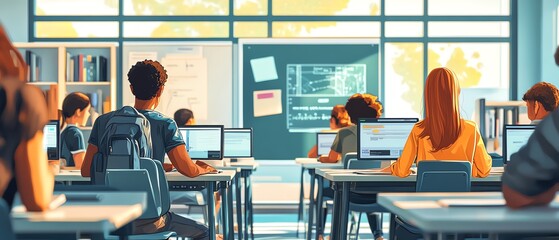 Poster - Modern educational image showcasing students using technology and interactive tools, diverse classroom setting, clean and colorful design