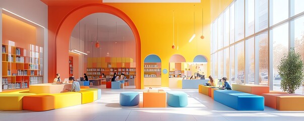 Poster - Modern educational space with interactive elements, students working on assignments, clean and colorful design, vibrant classroom atmosphere