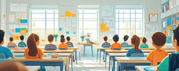 Poster - Modern image of students at desks with educational materials, diverse group, bright and inviting classroom, engaging and colorful