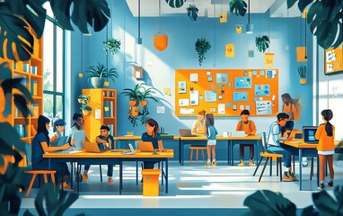 Poster - Modern learning scene featuring students exploring various subjects, engaging classroom environment, diverse group, bright and colorful
