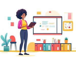 Poster - Stylish illustration of a teacher presenting a lesson at a smartboard, vibrant and modern classroom environment, diverse backgrounds, engaging design