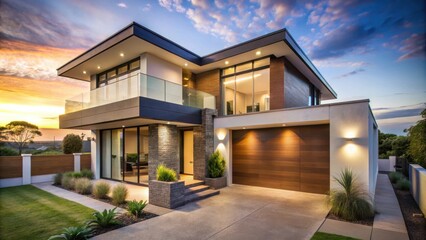 Modern Australian home bathed in the warm glow of dusk with contemporary design and architecture