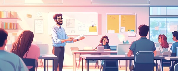 Poster - Stylish image of a teacher conducting a handson activity, modern classroom environment, diverse students, clean and vibrant design