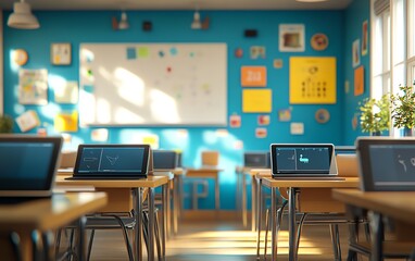Poster - Bright and engaging scene showcasing modern educational tools, such as digital tablets and interactive whiteboards, in a vibrant classroom setting