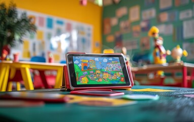 Poster - Bright and engaging scene showcasing modern educational tools, such as digital tablets and interactive whiteboards, in a vibrant classroom setting